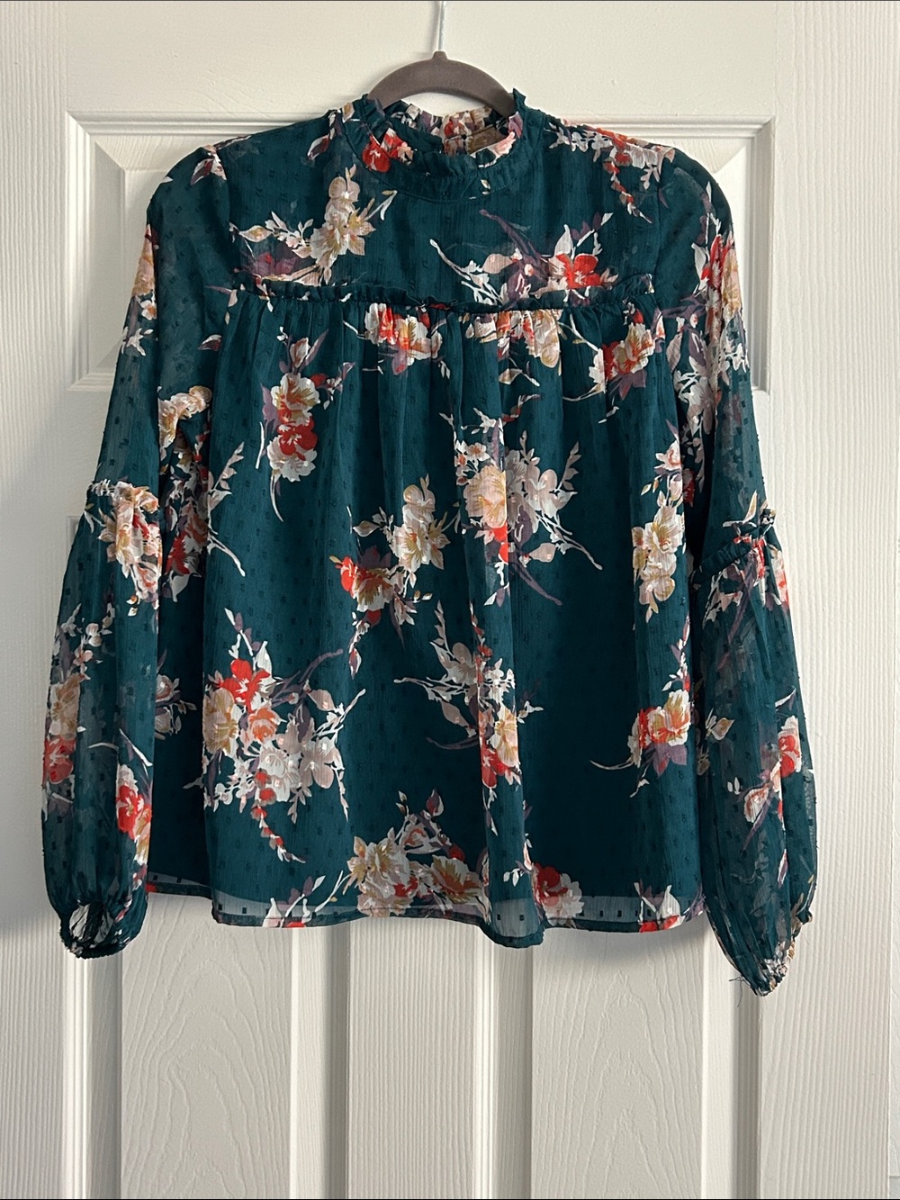Japna Teal Floral Sheer Long-Sleeve Blouse